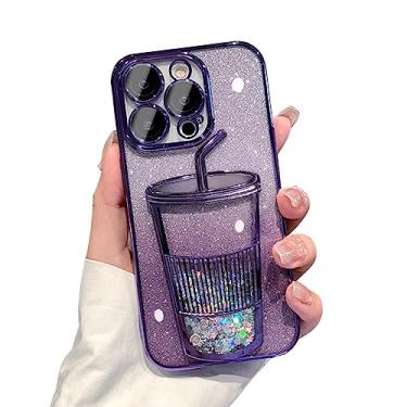 Imagem de Capa de telefone de designer de garrafa de suco com revestimento brilhante 3D compatível com iPhone 13 Pro Max, capa de telefone fofa com glitter gradiente flutuante líquido com proteção de câmera para mulheres - roxo