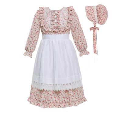 Imagem de Vibsion Fantasia de Pioneira para Meninas, Vestido de Pradaria com Avental e Gorro, Floral, Vila Colonial, 3 Peças, GG, Rosa e Branco
