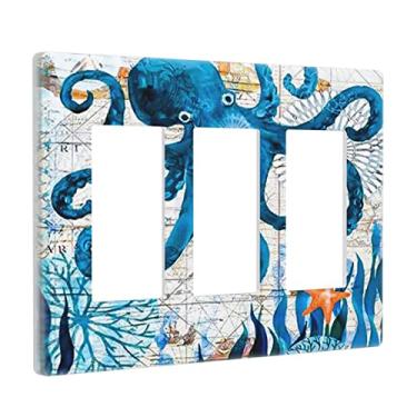 Imagem de Placa de interruptor de luz náutica com 3 interruptores de polvo marítimo monstro do mar com 3 entradas decoração tripla para tomada de parede decorativa para banheiro, casa, sala de estar, quarto, decoração de 16 x 12 cm