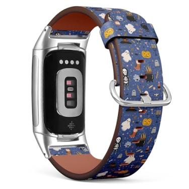 Imagem de Pulseira de relógio de couro de substituição compatível com Fitbit Charge 5/Fitbit Charge 6 (adorável assustador de Halloween), pulseira para smartwatch para mulheres e homens