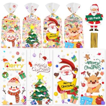 Imagem de 100 unidades de sacos de guloseimas de Feliz Natal – Lindos sacos de celofane, sacos de presente de plástico a granel, saco de presente transparente de Natal para violoncelo de Natal com laços