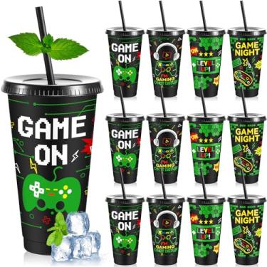 Imagem de Uiifan 12 copos de plástico para videogame com tampas e canudos 680 g copo reutilizável para jogos de Halloween dos anos 70 90 suprimentos de decorações de festa de videogame lembrancinha de festa de