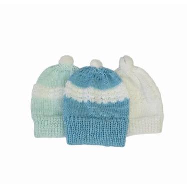 Imagem de Gorro de bebê kit com 3 toucas de lã tricô - Confecções Castelo, Azul