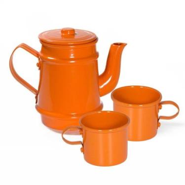 Imagem de Kit Bule 400ml + 2 Xícaras 100ml Pintados Em Alumínio Laranja - Alumín