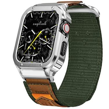 Imagem de SUPLINK Capa de aço inoxidável e pulseiras de nylon compatíveis com Apple Watch série 10 de 42 mm, capa protetora resistente de metal para Apple Watch série 10, verde