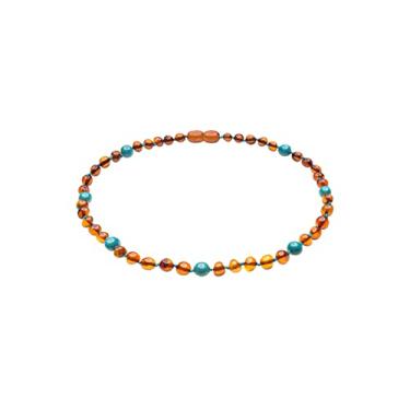 Imagem de AmberSky Colar de âmbar genuíno do Mar Báltico feito com conhaque polido e turquesa 35 cm, marrom, Âmbar báltico