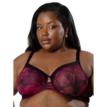 Imagem de Curvy Couture Malha transparente feminina, cobertura total sem forro, suporte sexy plus size, Rosas dramáticas, (40) 40H