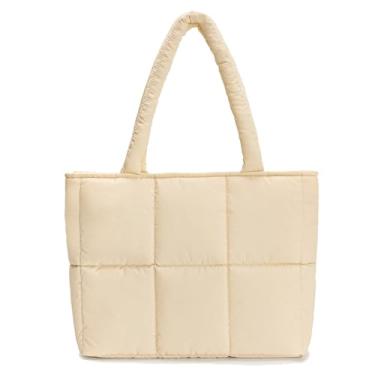 Imagem de Bolsa feminina acolchoada, grande, acolchoada, leve, para trabalho, viagem, academia, loja, Creme, Large