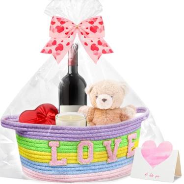 Imagem de Cesta de tecido de Páscoa com laço e cartão de felicitações, cesta de Páscoa colorida pequena para meninas, cestas de caça aos ovos de Páscoa, cesta de presentes de Páscoa para meninas, bebês,