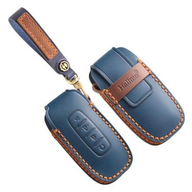 Imagem de HIBEYO Capa personalizável compatível com Nissan Rogue 2025 2024 2023 Pathfinder X-Trail Ariya 8ª geração novos acessórios Teana chaveiros personalizados de couro genuíno - 4 botões A tipo azul