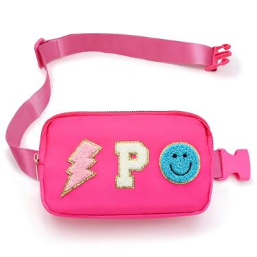 Imagem de PainZieteg Pochete para meninas bolsa crossbody, bolsa de cinto infantil de náilon formal para aniversário, natal, formatura, presentes personalizados, letra P de chenille rosa para mulheres