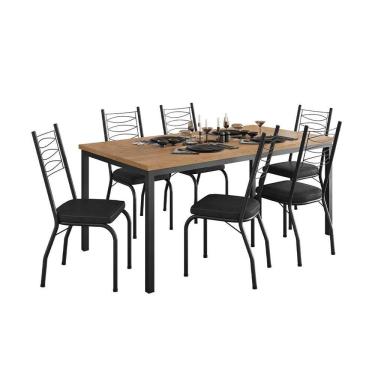 Imagem de Conjunto de Mesa Retangular com Tampo de MDP Amadeirado e 6 Cadeiras Adriana Revestimento Sintético Preto