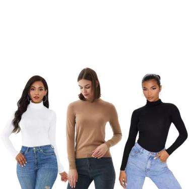 Imagem de Kit 3 Blusa Feminina Cacharrel Justa Manga Longa Gola Alta Basica Frio
