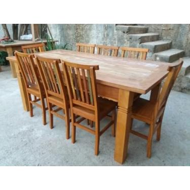 Imagem de Mesa de Jantar Rústica em Madeira Maciça com 8 Cadeiras, Estilo Colonial, Acabamento colorido
