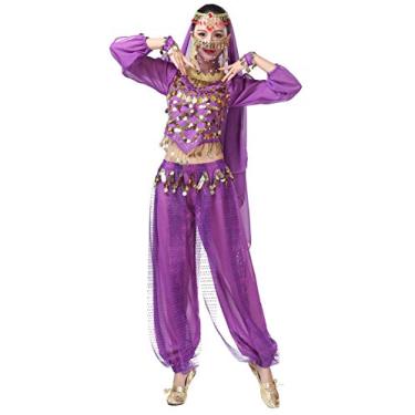 Imagem de Roupa feminina para dança do ventre moedas top calça rosto véu fantasia de Halloween roxo