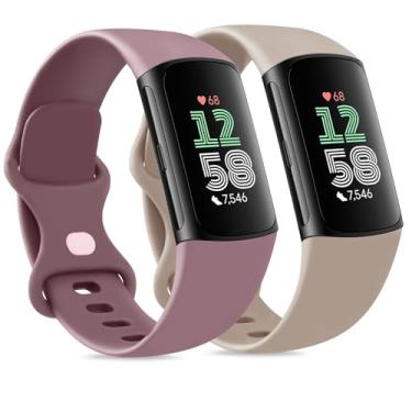 Imagem de Pacote com 2 pulseiras esportivas de substituição para Fitbit Charge 6 para Fitbit Charge 5, monitor de fitness e saúde (chá leite/violeta, grande)