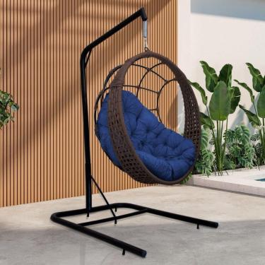 Imagem de Cadeira Balanço Ninho Suspenso Em Corda Náutica Luxo Com Suporte Marrom-azul