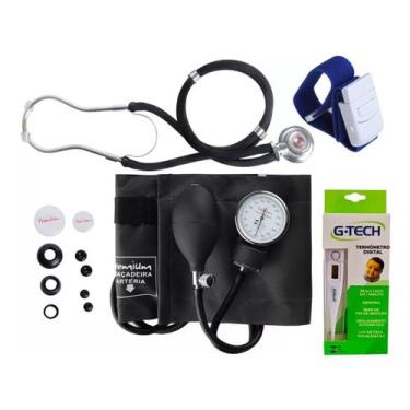 Imagem de Esfigmomanômetro + Estetoscópio + Termômetro e Garrote Kit Saude Profi
