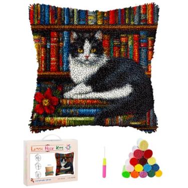 Imagem de Kits de capa de travesseiro de gancho de trava DIY gato preto e branco na estante estampada à mão fronha de crochê gancho e trava emboridery almofada para decoração de sofá de casa 43 x 43 cm (4)
