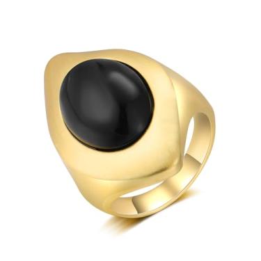 Imagem de Aprilery Anéis grossos dourados para mulheres, anéis vintage de pedra preta, anéis de metal, coquetéis, bijuterias, presentes para ela, Banhado a ouro 14k, Zircônia cúbica