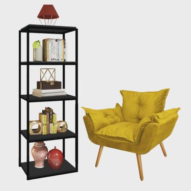 Imagem de Kit Poltrona Fatte com Estante Livreiro Ferro Preto mdf Preto Suede Amarelo - Ahazzo Móveis
