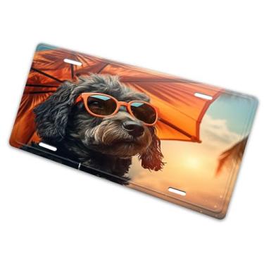 Imagem de Capa de placa de carro com estampa de guarda-chuva vermelho com cachorro - etiqueta artística de alumínio, à prova de ferrugem, design exclusivo e novidade - 15 x 30 cm