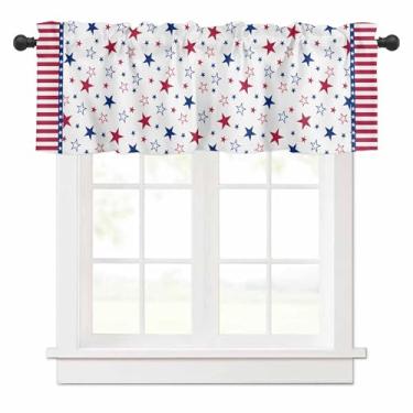 Imagem de Cortina Patriótica para Janela Dia da Independência Dia da Independência com Estrelas Vermelhas e Azuis Listradas Dia da Independência 4 de Julho, 137 x 45,7 cm Memorial Day Kitchen Valance para