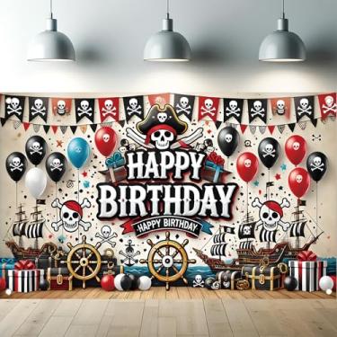 Imagem de Starlit Patio Banner de feliz aniversário com tema pirata, pano de fundo, roda de navio de caveira, balão, baú, balão, filme, decoração de festa, foto de fundo, adereços para cabine de fotos 180 x 109