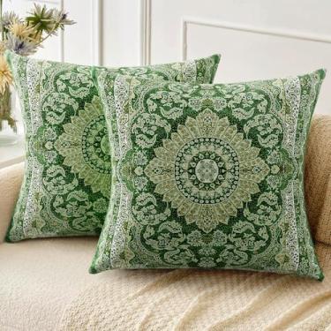 Imagem de ZSYTZL Conjunto de 2 capas de almofada Boho 40,6 x 40,6 cm, estampa de tapete boêmio de linho, decorativo, sala de estar, sofá-cama, capa de almofada quadrada, amarela, verde