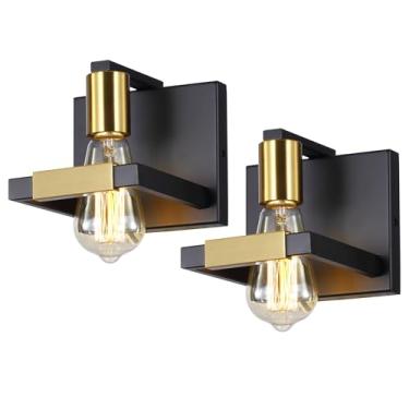 Imagem de Hamilyeah Arandelas de parede pretas, arandelas industriais luminárias de parede preto fosco e dourado, arandelas de parede com fio interno para banheiro, quarto, sala de estar, cozinha, conjunto de dois UL listados