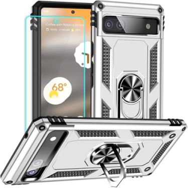 Imagem de Yiakeng Capa para Google Pixel 6A: com protetor de tela - Capas protetoras de nível militar com suporte de anel de dedo para capa Pixel 6A (prateada)