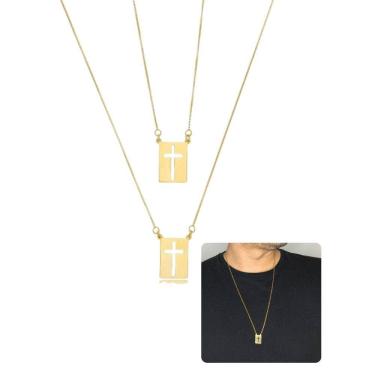 Imagem de Cordão Escapulário Masculino Feminino Dourado Cruz Vazada