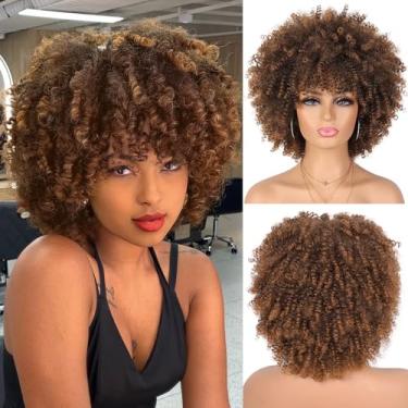 Imagem de Looxey Peruca Afro Para Mulheres Negras, Peruca Sintética Macia E Fofa, Cacheada, Curta E Cacheada, Sem Cola, Com Franja, Marrom Ombré, Para Festa Diária