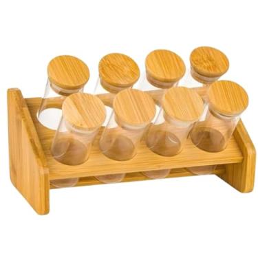 Imagem de Conjunto de 8 Potes de Vidro com Tampa de Bambu e Suporte Organizador de Temperos para Cozinha