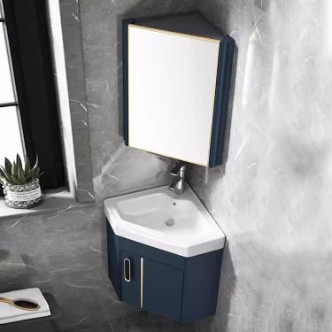 Imagem de Armário De Pia De Banheiro De Canto Dyuz Com Pia De Cerâmica & Espelho, Conjunto De Armário De Pia De Banheiro De Parede, Vaidade De Pia De Banheiro De Canto Pequeno Com, Blue, 38cm/15"