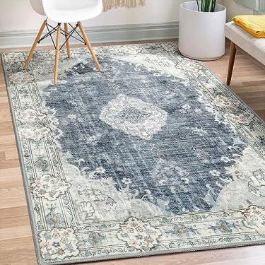 Imagem de MUJOO Tapete Boho 91 x 15 cm Tapetes cinza azul lavável à máquina tapete pequeno antiderrapante tapetes para entrada quarto cabeceira cozinha corredor sala de estar lavanderia tapete interior persa macio de pelo baixo floral