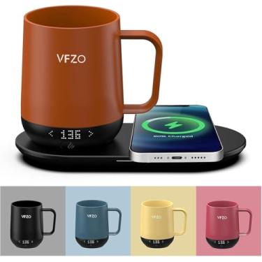 Imagem de VFZO Caneca inteligente de controle de temperatura, caneca de café autoaquecida, tela de LED, vida útil da bateria de 180 min - Hot até 65 °C, carregador rápido sem fio, base de design aprimorado,