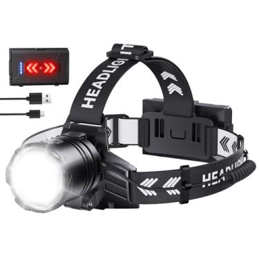 Imagem de Lanterna de cabeça super brilhante, recarregável, 2000 lúmens, 7 modos, luz de cabeça com zoom para testa, faróis ajustáveis de 90° para adultos, longo tempo de execução e pesca à prova d'água