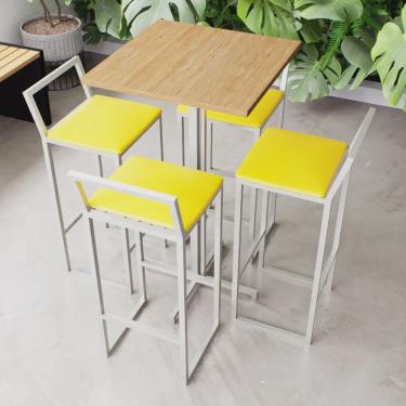 Imagem de Conjunto Mesa Alta Bar Bistrô Quadrada Pinus 4 Banquetas Confort Estofado Industrial White