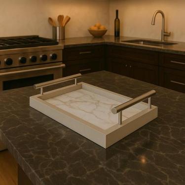 Imagem de Bandeja Retangular Café da Manhã com Alça Inox 25x46cm Champanhe/Marmo