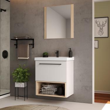 Imagem de Gabinete Suspenso Com Cuba E Espelheira 60cm Gales Móveis Bosi Branco/faia