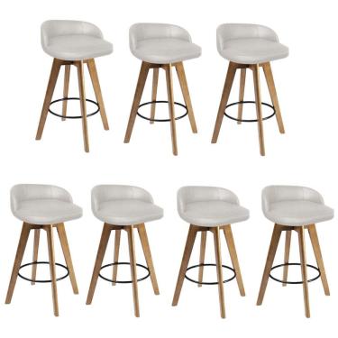 Imagem de Kit 07 Banqueta Alta Com Encosto Berlim Base Giratória Madeira Linho Bege Claro - Amey Decor