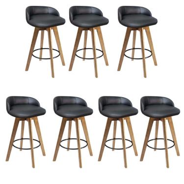 Imagem de Kit 07 Banqueta Alta Com Encosto Berlim Base Giratória Madeira Corino Preto - Amey Decor