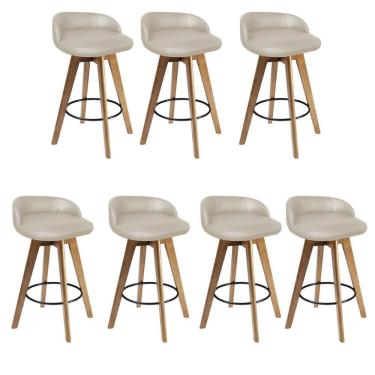 Imagem de Kit 07 Banqueta Alta Com Encosto Berlim Base Giratória Madeira Sintético Bege - Amey Decor