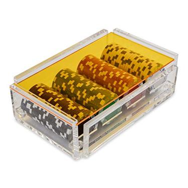 Imagem de Luxe Dominoes Conjunto de fichas de pôquer La Ficha, 100 fichas resistentes pesadas, inclui 4 fichas coloridas para jogos de azar, caixa de acrílico feita à mão com tampa colorida (amarelo)