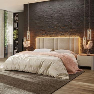 Imagem de Cabeceira Estofada para Cama Box King Linho Bege com LED 200x60x5cm Tatite Decor