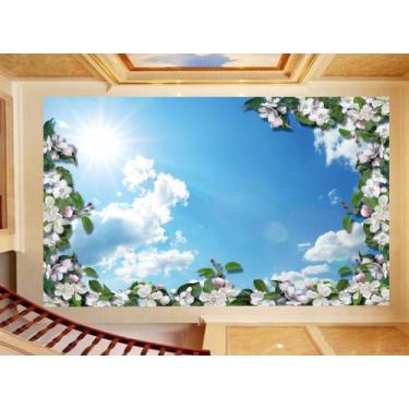 Imagem de Papel De Teto Céu ul Nuvens Flores Folhas 3,5M Rof38 - Você Decora