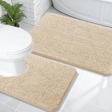 Imagem de OLANLY Conjunto de tapetes de banheiro de 2 peças, tapetes de banho de chenille macio absorvente e contorno em forma de U, tapete de banheiro lavável na máquina, acessórios de decoração de casa (91 x
