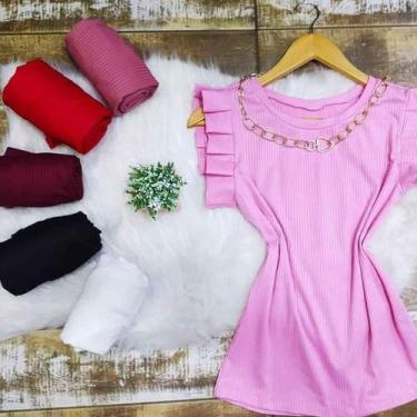 Imagem de Blusa manga curta babado feminina malha canelada com elastano - Filó M