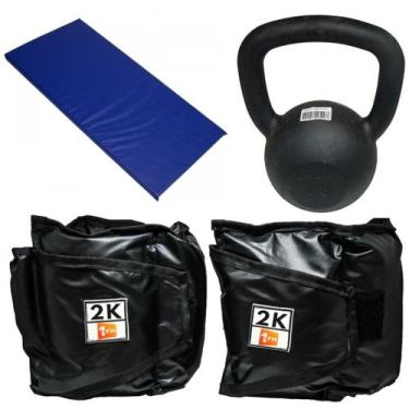 Imagem de Kit Colchonete Azul + Par de Caneleira 2Kg + kettlebell Pintado 18kg -